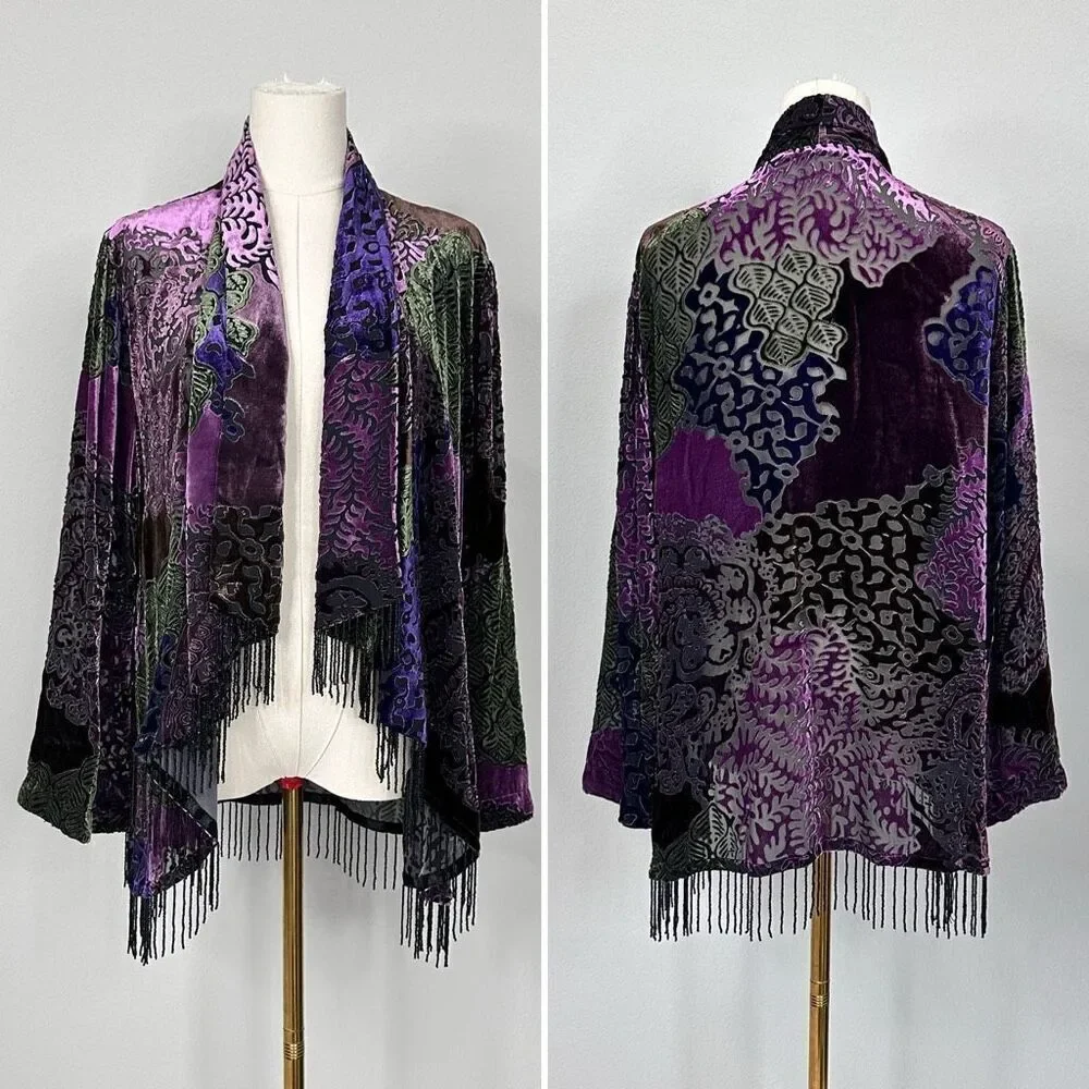 Vtg Y2K Picadilly Burnout Velvet Kimono Fringe Boho Goth 12 Whimsigoth Festival